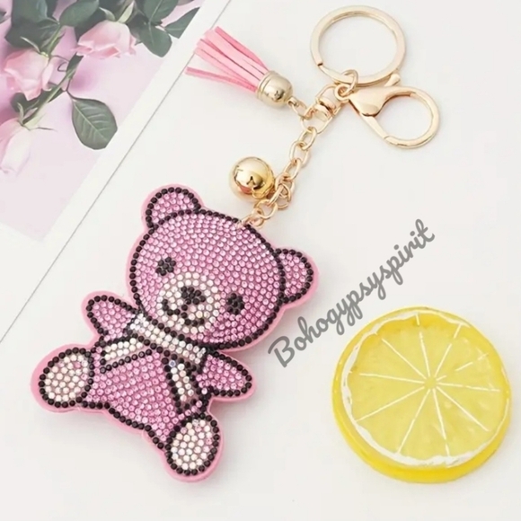 Bling Teddy Bear Crystal Rhinestone Keychain Bag Charm With Pink Tassel - Picture 6 of 13